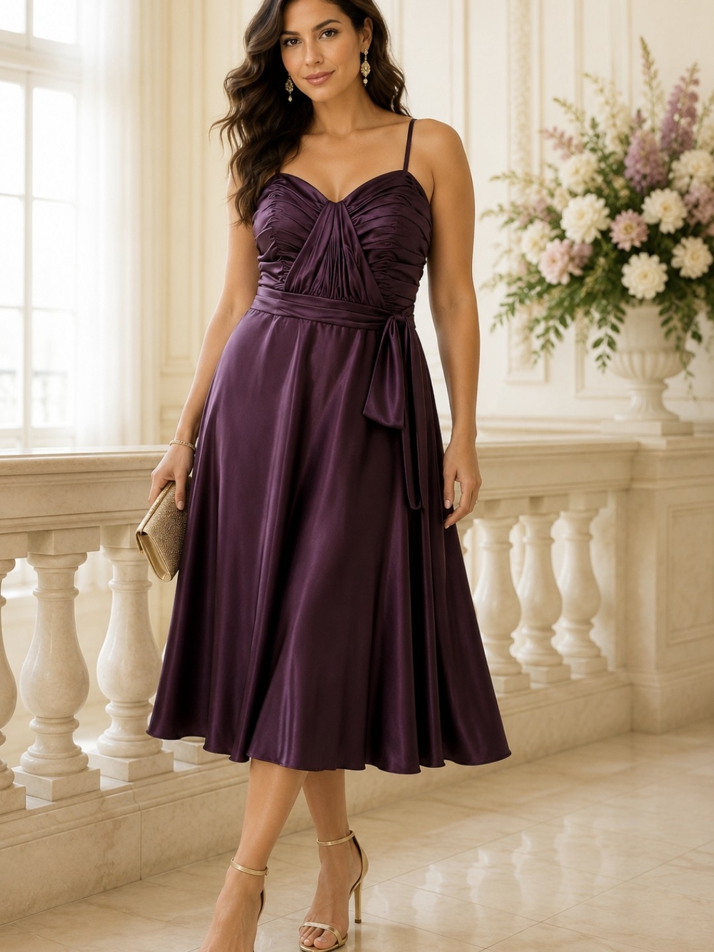 Purple Satin Midi Dress Size 16 Wedding Bridesmaid Strapless or Straps Ruched